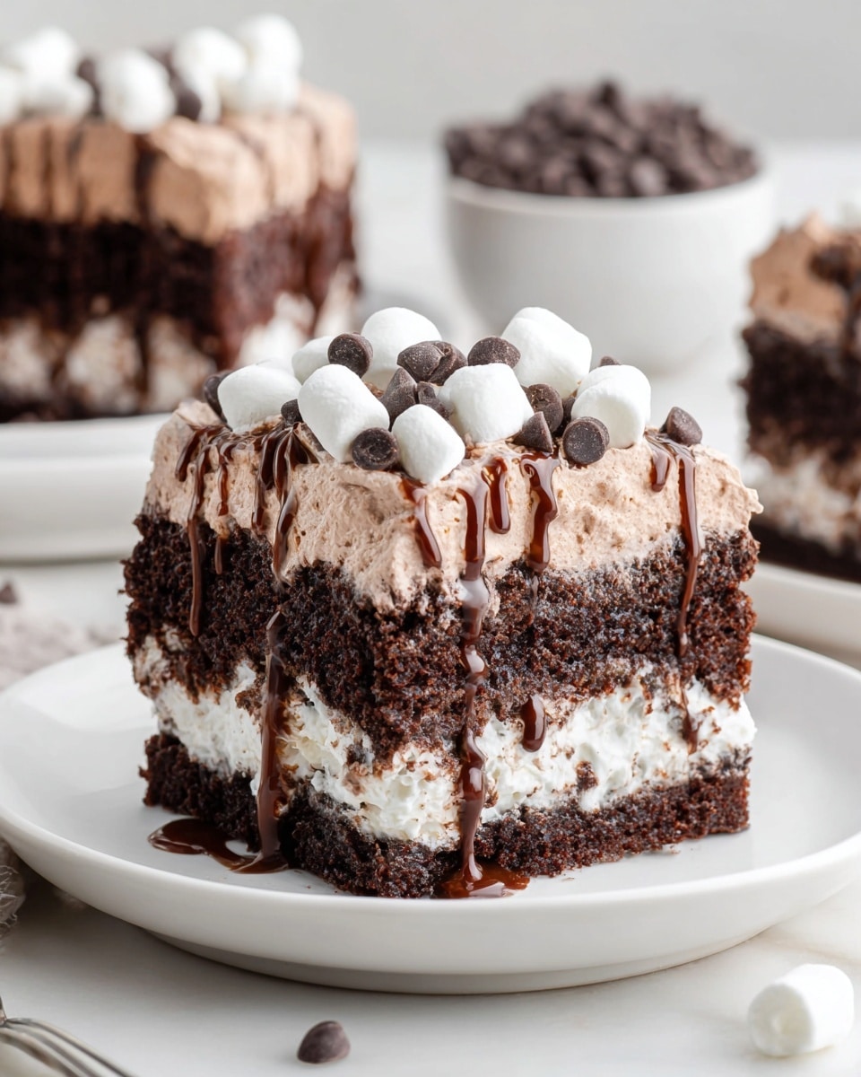 A close-up of a square piece of chocolate cake on a white plate showing three layers: the bottom is a rich, dark chocolate sponge layer, the middle is a creamy white layer with some melted gooey chocolate dripping down, and the top is a light brown whipped cream layer. On top of the cake, there are several small white marshmallows and dark chocolate chips scattered, with streaks of shiny chocolate syrup drizzled over them. In the background, more pieces of the same cake and a white bowl filled with chocolate chips sit on a white marbled surface. Photo taken with an iphone --ar 4:5 --v 7