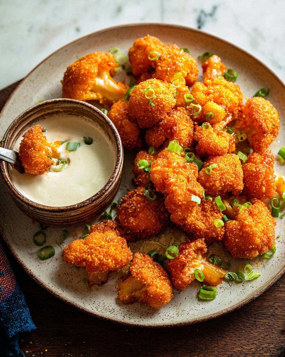 A round white plate holds a pile of golden-orange crispy fried cauliflower pieces, each coated in a textured, crunchy batter and garnished with bright green chopped scallions scattered over the top. On one side of the plate, there is a small brown rustic ceramic bowl filled with creamy white dipping sauce that has a smooth texture with small visible chunks. The plate rests on a white marbled surface. photo taken with an iphone --ar 4:5 --v 7