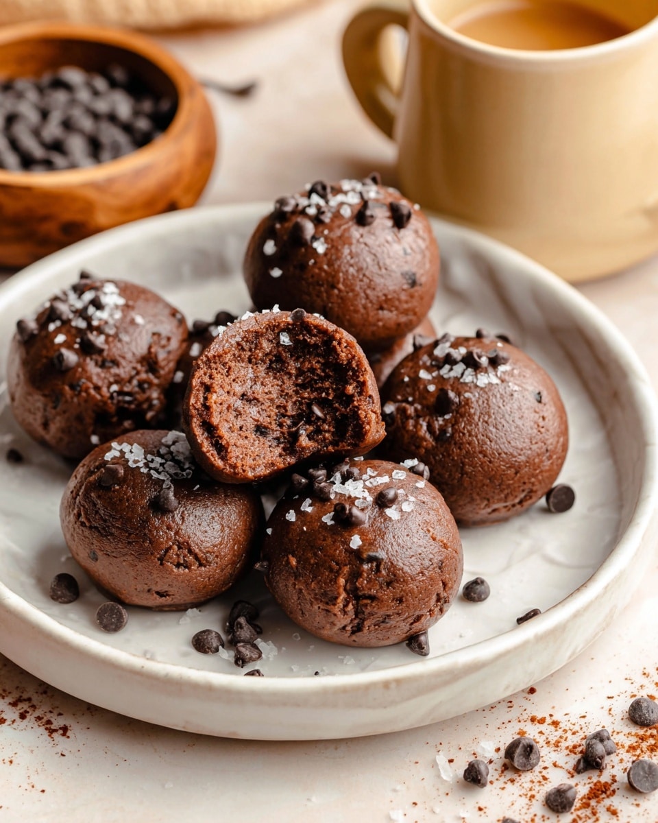 A white plate holds seven round, dark brown chocolate dough balls topped with scattered chocolate chips and flaky sea salt. One dough ball is cut in half in the center, showing a soft, moist interior with embedded chocolate chips. There are loose chocolate chips around the dough balls on the plate and nearby on the white marbled surface. In the background, a beige ceramic cup and a small wooden bowl filled with chocolate chips are partially visible, adding warmth to the scene. photo taken with an iphone --ar 4:5 --v 7
