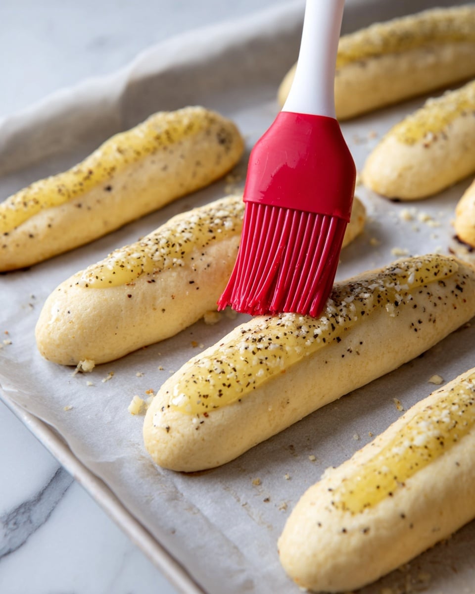 The image shows multiple pieces of uncooked breadsticks placed on white parchment paper on a baking tray. Each breadstick is pale yellow with a texture that looks soft and slightly rough. The tops of the breadsticks are brushed with a shiny layer of oil or butter mixed with small bits of black pepper and minced garlic, giving a speckled look. A red silicone brush with a white handle is brushing the mixture on one breadstick in the center. The background is a white marbled texture, giving a clean and bright kitchen feel. photo taken with an iphone --ar 4:5 --v 7