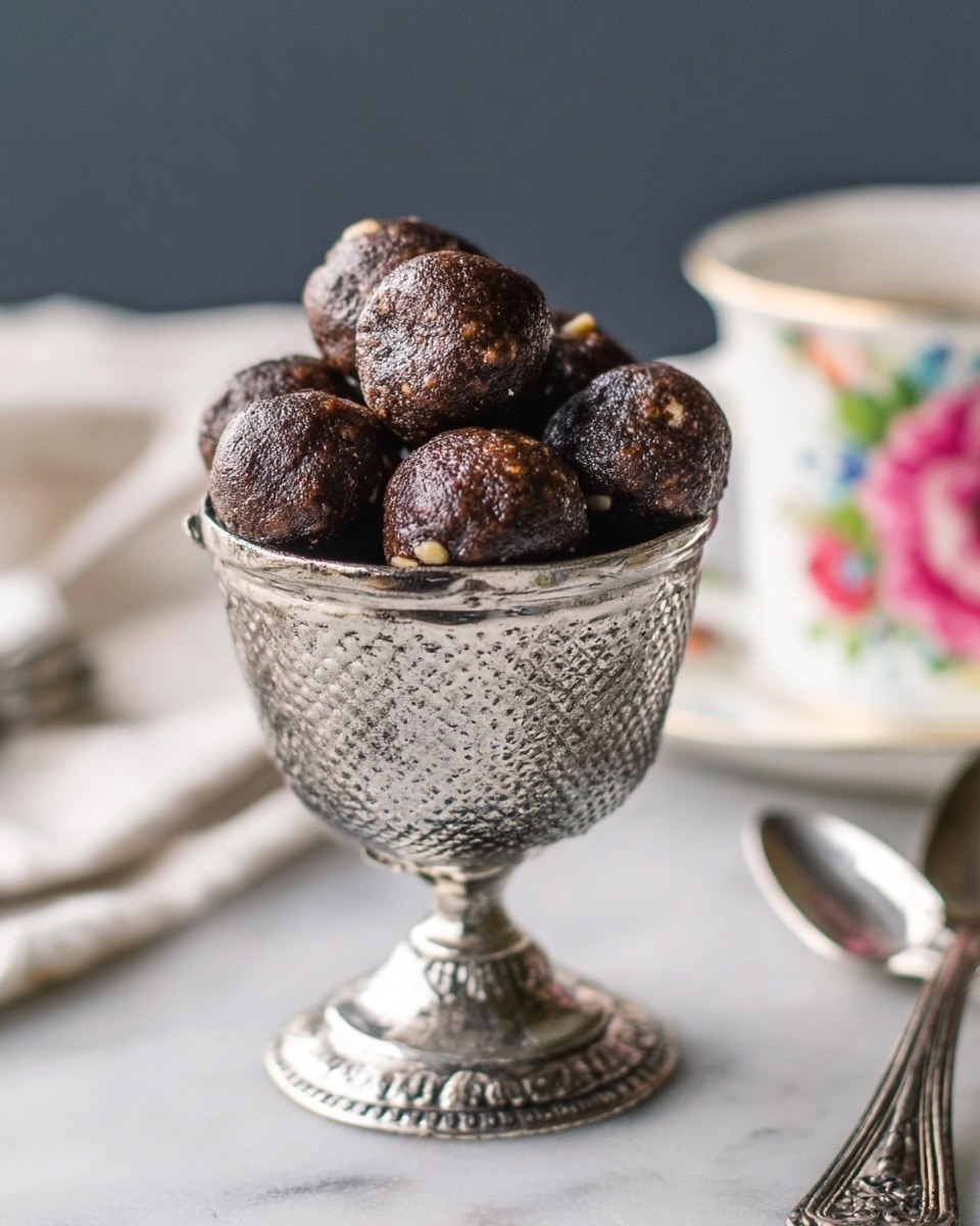 The image shows a silver, textured metal cup filled with a pile of small, round dark chocolate balls that have a moist and slightly shiny surface with bits of nuts or seeds visible inside. The cup is placed on a white marbled surface, and in the blurred background, there are two silver spoons and a white cup with a colorful floral pattern on its rim. Photo taken with an iphone --ar 4:5 --v 7