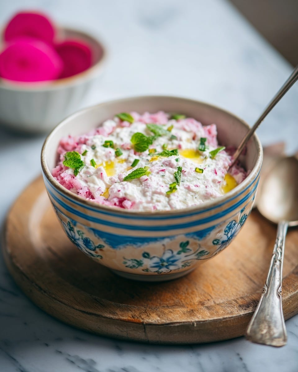 The dish is served in a white bowl with blue and beige floral patterns and sits on a wooden board against a white marbled background. Inside the bowl, there are two main layers: the bottom layer is finely chopped pink radish pieces, and the top layer is a thick, creamy mix with white and light pink colors, garnished with small green mint leaves and chives, and drizzled with golden olive oil. A spoon rests inside the bowl on the right side, and a spoon and fork lie near the board in the foreground. In the background, there is a blurred white bowl with bright pink radish slices. photo taken with an iphone --ar 4:5 --v 7