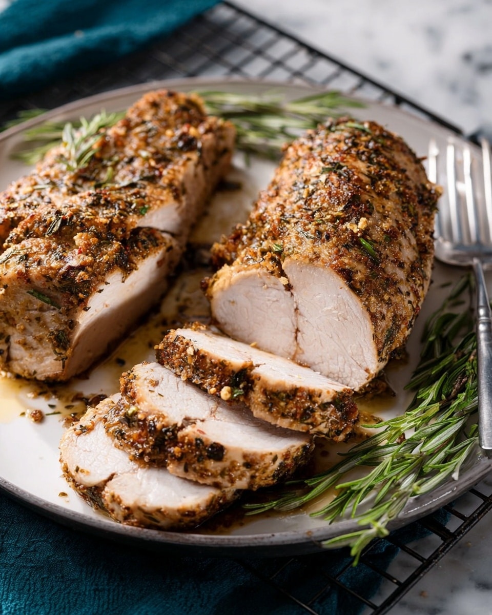 Two pieces of cooked, sliced meat with a brown, herb-coated crust sit on a white plate. Each meat piece is cut in even slices showing juicy, pale pink center layers beneath the seasoned brown surface with visible herbs and crushed spices. One piece is partially sliced with slices leaning outward, while the other is mostly whole with surface cuts. A silver fork rests near the top right of the plate, and sprigs of green rosemary lay on the right side. The plate is set on a white marbled surface with a cooking rack underneath. Photo taken with an iphone --ar 4:5 --v 7