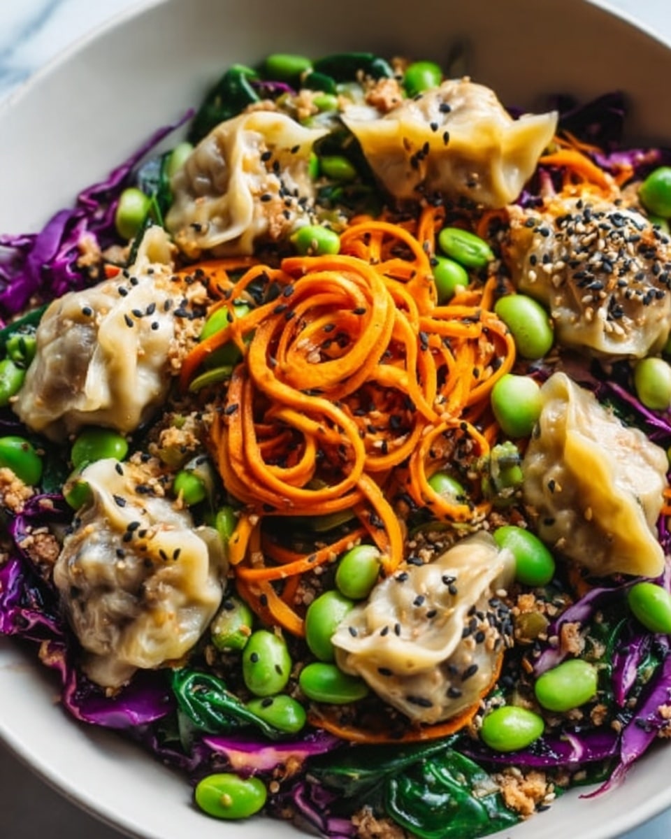 The dish shows a white plate filled with three main layers. The bottom layer is a mix of bright green spinach leaves and purple cabbage pieces, adding a fresh and colorful base. On top of this, there are orange sweet potato noodles twisted and piled in the center, with small bright green edamame beans scattered around. The top layer includes several golden brown dumplings arranged around the noodles, and these dumplings are speckled with black sesame seeds. The overall look is vibrant with a mix of colors and textures on a white marbled surface. Photo taken with an iphone --ar 4:5 --v 7