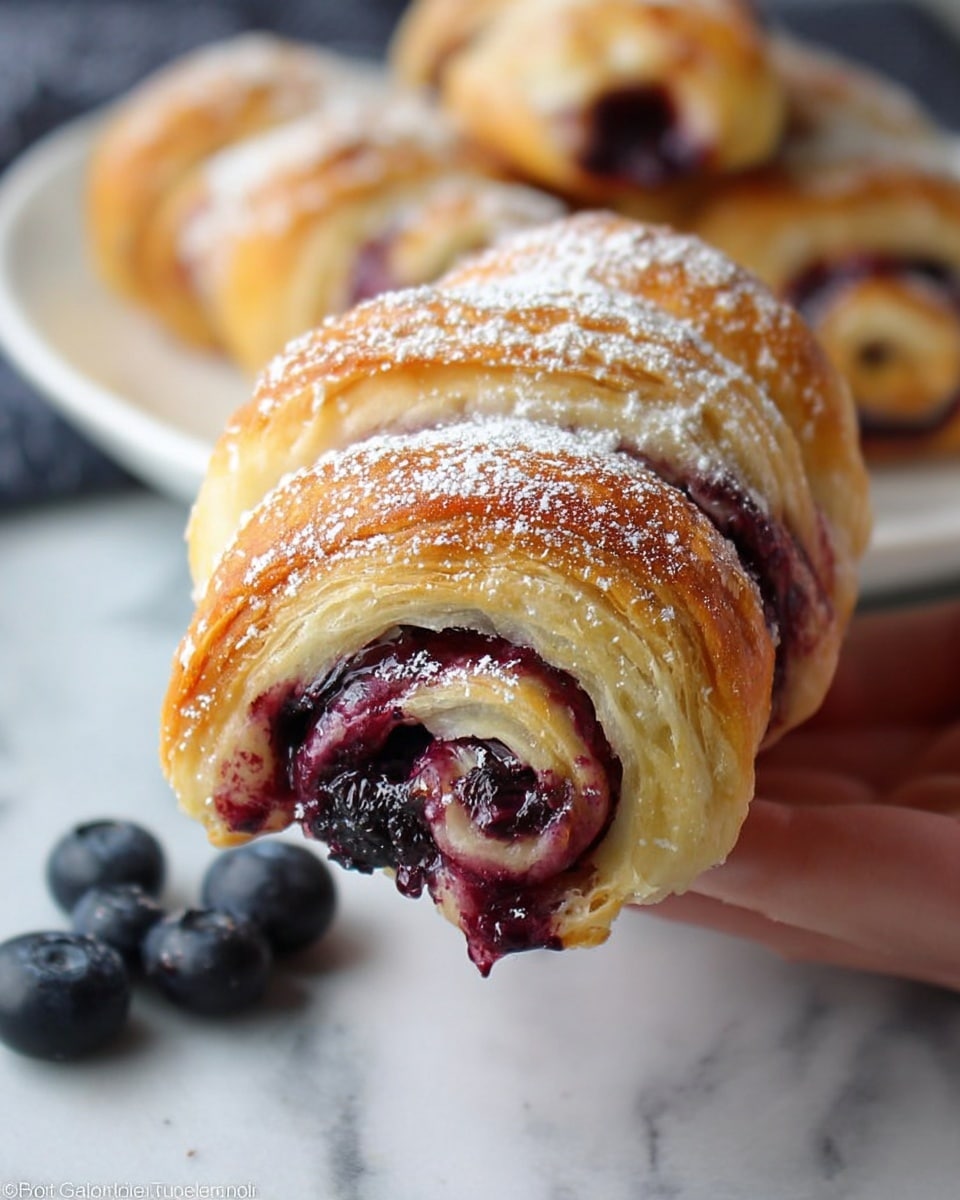 A close-up view of a golden-brown pastry roll, made of flaky dough with smooth, glossy layers tightly wrapped around a rich, deep purple blueberry filling that oozes slightly at the bottom edge. The pastry is dusted lightly with white powdered sugar, adding a soft texture on top. It is held by a woman's hand, showing the detailed swirls of the dough and berry filling as they alternate. In the background, there are more similar pastries resting on a white plate, along with scattered fresh blueberries on a white marbled surface. Photo taken with an iphone --ar 4:5 --v 7