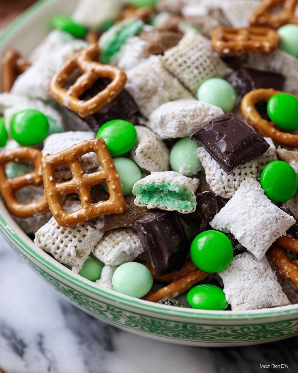 A close-up image of a mix of snacks in a white bowl with a green decorative rim, placed on a white marbled surface. The mix has layers of small square pieces coated in white powdered sugar, square pretzels with a golden brown color and smooth texture, and pieces of dark chocolate with a mint green filling inside, some sliced to show the filling. There are also round candy-coated chocolates in bright green and pale mint colors scattered throughout, adding vibrant pops of color to the mix. Photo taken with an iphone --ar 4:5 --v 7