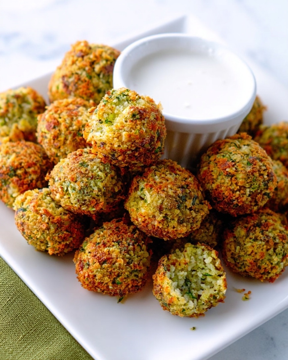 The image shows a pile of small, round falafel balls that are golden brown with bits of green herbs throughout. They are placed on a white square plate with some space taken by a small white dipping bowl filled with a white sauce. The falafel balls are roughly textured, crispy on the outside, and arranged closely together. The plate is set on a white marbled surface with a small piece of green cloth visible on the left side. photo taken with an iphone --ar 4:5 --v 7