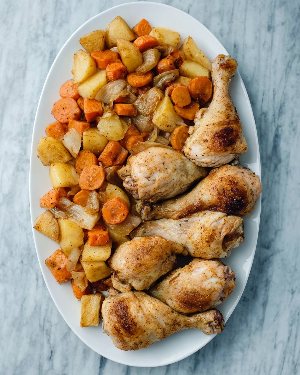 The image shows a white oval plate on a white marbled surface. The plate has two main sections: the bottom half contains seven baked chicken drumsticks with a light brown, slightly crispy skin, closely placed together. The top half is filled with a mix of cooked vegetables including orange carrots, light yellow potatoes, and white onions, all cut into small pieces and mixed evenly. The colors contrast well, with the orange and light yellow vegetables bright and soft, and the chicken pieces looking tender with subtle brown spots. Photo taken with an iphone --ar 4:5 --v 7