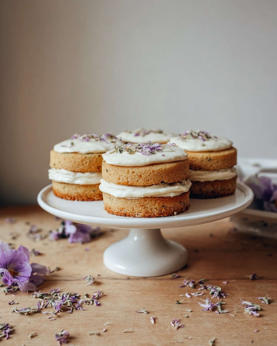 There are three small round cakes placed on a white pedestal cake stand, each cake has two layers of light brown sponge with a thick layer of white icing sandwiched in the middle and spread on top, decorated with small purple flower petals. The cake stand is on a wooden surface with small flower petals scattered around it, and behind is a plain light beige wall. Photo taken with an iphone --ar 4:5 --v 7