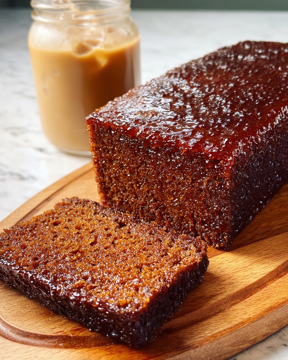 The image shows a close-up of a sticky, dark brown cake with a moist and dense texture, placed on a round wooden board. One slice is cut from the larger rectangular-shaped cake and laid flat in front, revealing its shiny, syrup-soaked interior that glistens under the light, with a deep amber hue and a slightly spongy look. The wooden board is set on a white marbled surface. In the background, there is a glass jar filled with a creamy light brown drink with ice cubes visible inside. Photo taken with an iphone --ar 4:5 --v 7