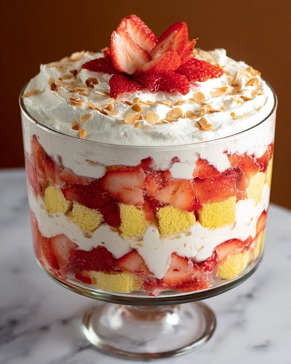 The image shows a tall, clear glass bowl filled with multiple layers of dessert. The bottom layer is yellow sponge cake pieces, followed by a thick layer of white cream. Next is a layer of sliced red strawberries, then another sponge cake layer, topped again with white cream mixed with strawberry pieces, and more slices of strawberries. On top, there is a thick white whipped cream layer sprinkled with small, light brown almond pieces, finished with three whole sliced strawberries arranged like a flower. The background is a white marbled surface. Photo taken with an iphone --ar 4:5 --v 7