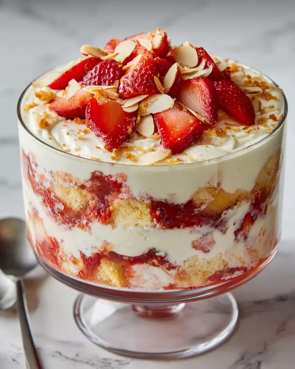 The image shows a clear glass bowl with a layered dessert placed on a white marbled surface. The dessert has four visible layers starting from the bottom: a thick creamy white layer, a mixture of sliced red strawberries and chunks of golden sponge cake soaked in strawberry sauce, another creamy white layer, and more sponge cake with strawberry pieces on top. The top layer is decorated with fresh sliced strawberries and thin light brown almond slices, giving a mix of smooth, juicy, and crunchy textures. Photo taken with an iphone --ar 4:5 --v 7