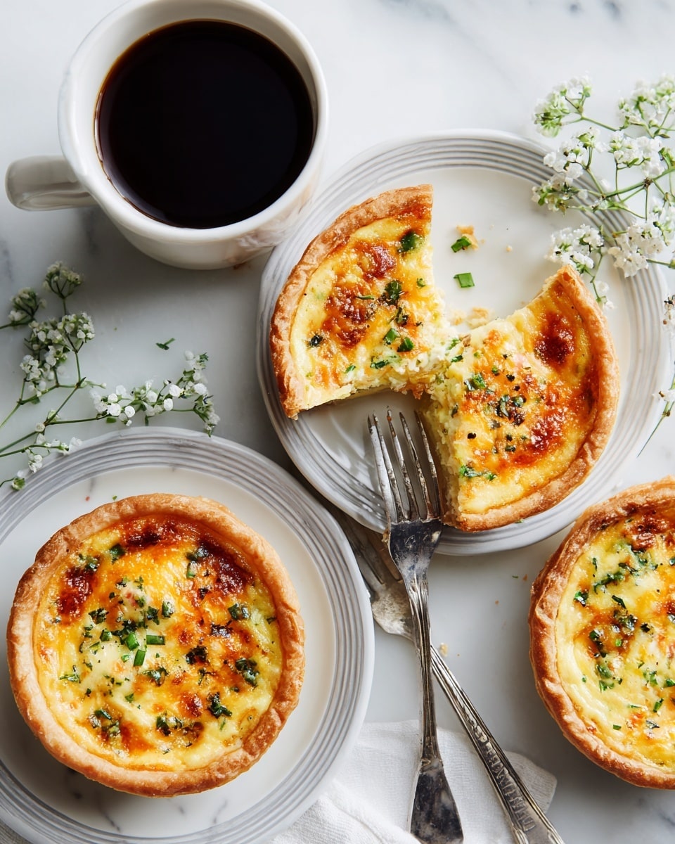 The image shows three small white round ramekins filled with mini quiches that have a golden-brown top and puffed, flaky crust edges. Each quiche has visible bits of green herbs sprinkled on top, with a slightly crispy melted cheese layer creating a warm orange and yellow texture. There is one white plate with thin gray stripes holding a partially sliced mini quiche, showing the yellow inside with bits of ham and melted cheese, along with a fork resting on the plate. A cup of black coffee in a white mug is placed to the left of the mini quiches, all set on a white marbled surface, with a silver fork and some small white flowers around. photo taken with an iphone --ar 4:5 --v 7