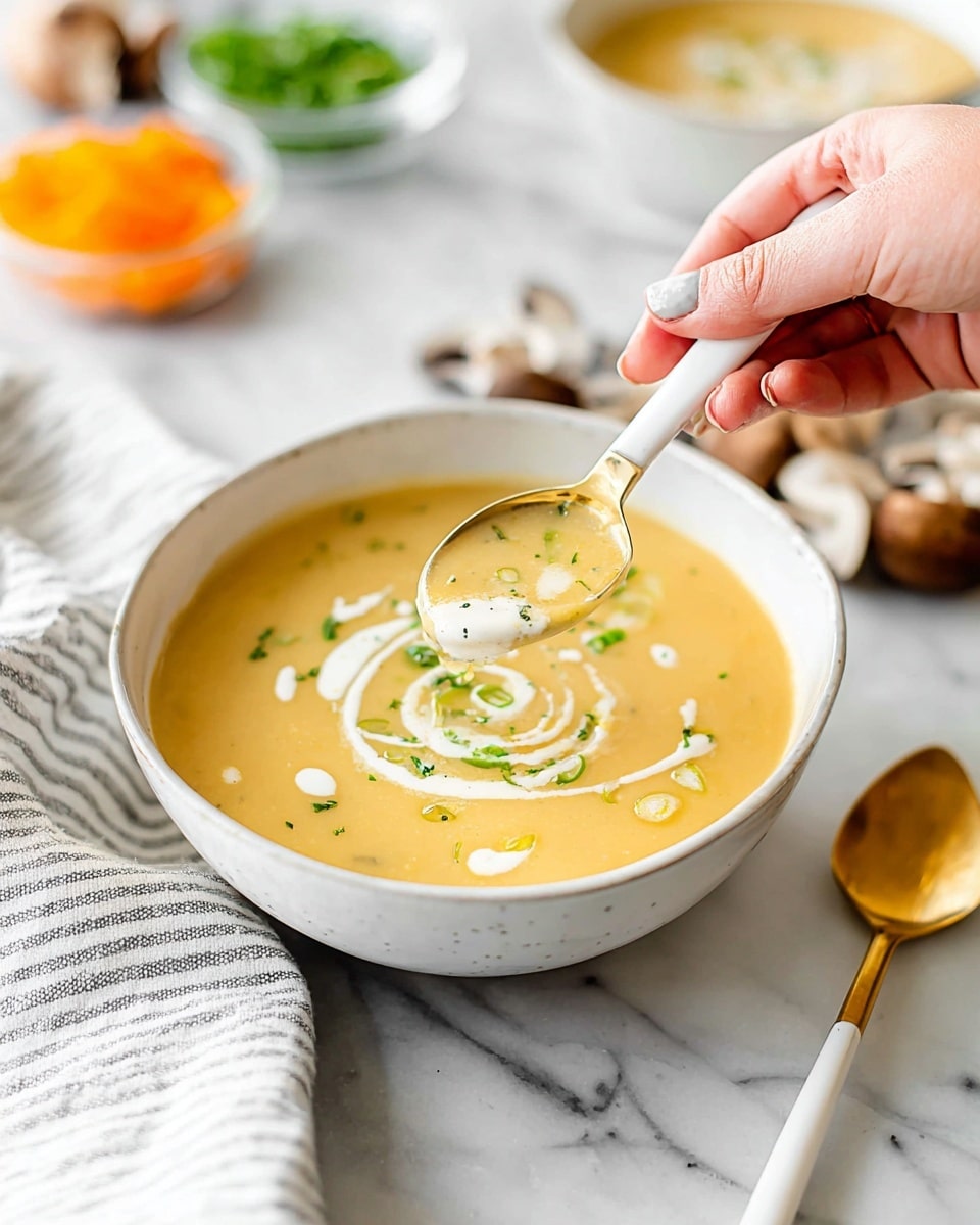 A white bowl filled with creamy, light yellow soup topped with a swirl of white cream and small pieces of green herbs, with a woman’s hand holding a white and gold spoon scooping some soup. The bowl is set on a white marbled surface with a striped cloth nearby, and blurred bowls of orange, green, and mushroom in the background. A gold spoon with a white handle lies next to the bowl. photo taken with an iphone --ar 4:5 --v 7