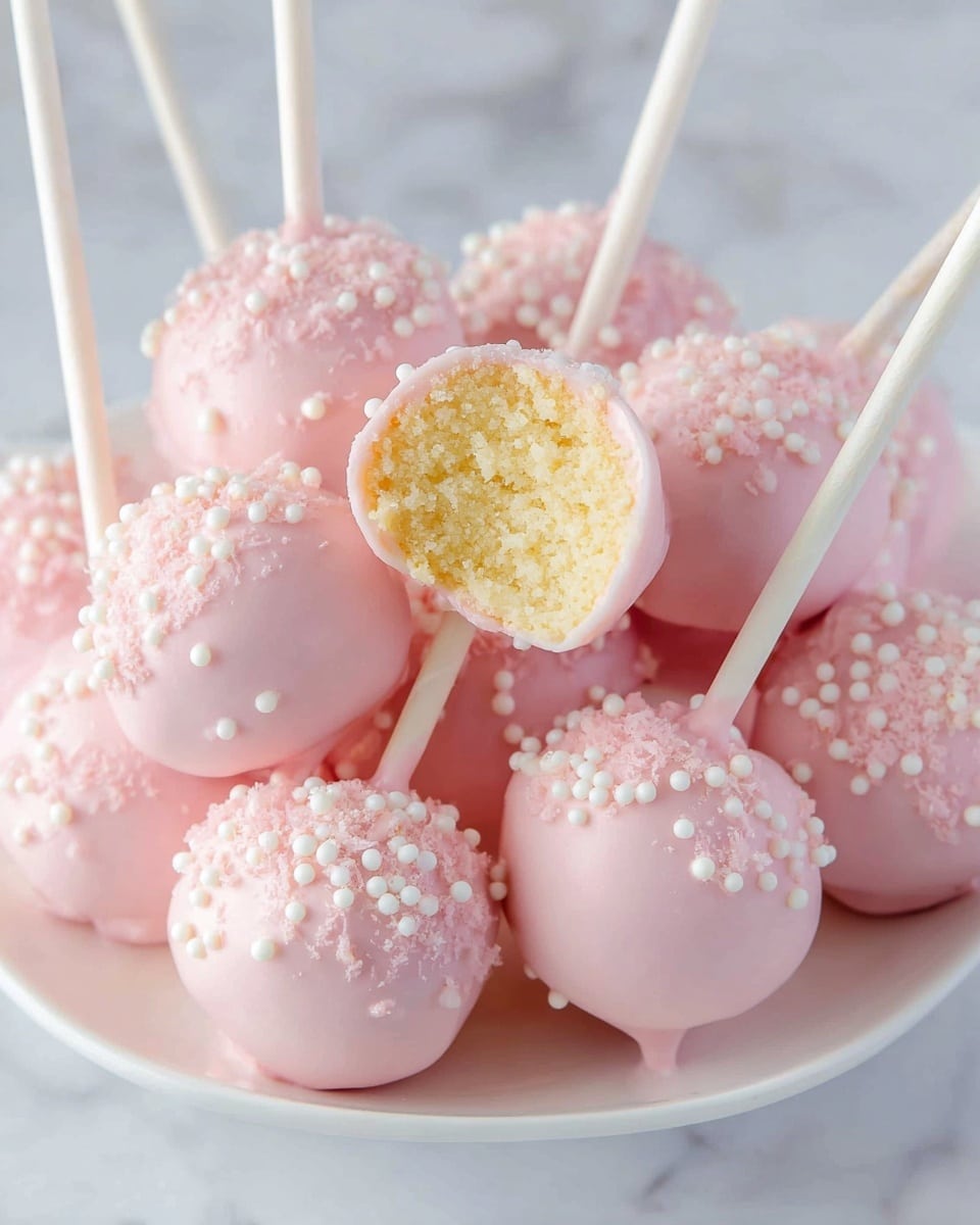 The image shows light pink cake pops covered with smooth pastel pink coating. Some cake pops have small white round sprinkles clustered on one side near the base. One cake pop is bitten, revealing a crumbly pale yellow cake inside. The cake pops are clustered together, all on white sticks that lay across the group. They are arranged on a white plate, placed on a white marbled surface. photo taken with an iphone --ar 4:5 --v 7