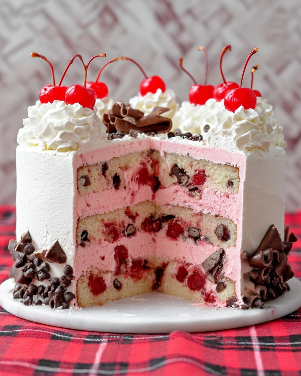 A four-layer cake with alternating layers of light-colored cake filled with bright red cherries and dark chocolate chips, and thick pink frosting in between; the outside is smooth white frosting, decorated on top with swirls of white whipped cream, chocolate curls, and bright red cherries with stems, while the bottom edge is garnished with small dark chocolate chips; the cake is displayed on a white base over a red and black checkered cloth, with a white marbled texture behind it. photo taken with an iphone --ar 4:5 --v 7