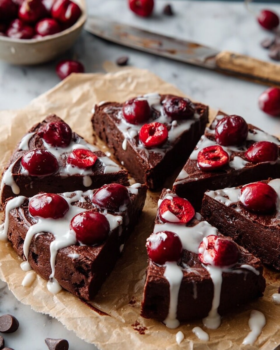 The image shows six thick, triangular slices of chocolate cake arranged in a circle on brown parchment paper. Each slice has a rich, dense dark brown chocolate base with glossy, smooth texture. On top, there are a few halved red cherries placed evenly on each slice. White cream or glaze is lightly drizzled over the top, creating a contrast with the dark chocolate. In the background, there are some whole cherries scattered, along with chocolate chips. A rustic knife with a worn wooden handle lies nearby on a white marbled surface. photo taken with an iphone --ar 4:5 --v 7