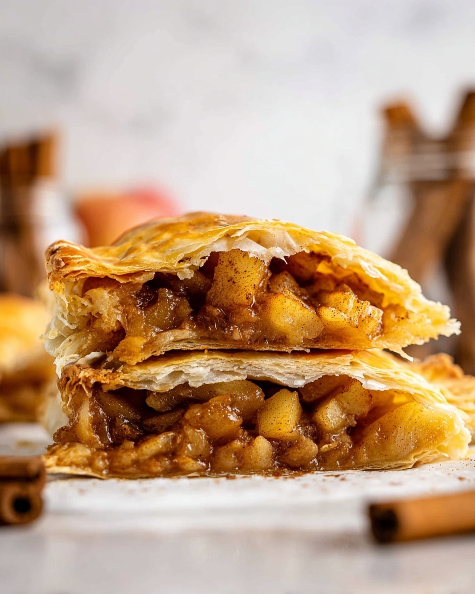 A close-up image shows two layers of golden brown, flaky pastry stacked on top of each other, each filled with small, chunky pieces of cooked apple with a warm brown color, indicating a cinnamon or spiced filling. The top pastry layer is crispy with some flaky bits lifting off, and the filling inside looks juicy and soft. The background features out-of-focus jars and cinnamon sticks on a white marbled surface, emphasizing the rustic autumn feel. photo taken with an iphone --ar 4:5 --v 7