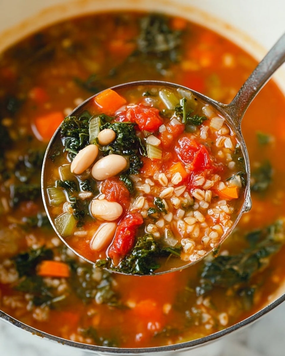 A close-up view of a ladle full of vegetable soup with visible layers of ingredients, including large white beans, dark green kale leaves, chopped orange carrots, light green celery slices, red tomato chunks, and small grain-like barley in a thick, orange-red broth. The soup appears rich and hearty with a mix of textures, the vegetables and beans floating evenly in the broth inside a white pot, set against a white marbled surface. The metal ladle, held by a woman's hand, shines slightly with reflections and shows the soup's ingredients clearly. Photo taken with an iphone --ar 4:5 --v 7
