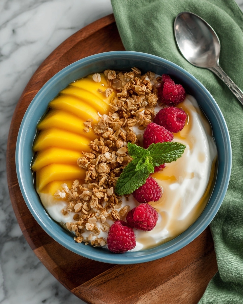 A blue bowl with three main layers: on one side are thin yellow mango slices arranged in a neat row, next to it is a creamy white yogurt layer with a smooth texture, topped with golden brown granola sprinkled generously over and along the yogurt edge. Several bright red raspberries are placed on the granola, and a small green mint leaf sits in the center. A drizzle of honey or syrup adds a shiny light caramel tone over the yogurt and granola. The bowl sits on a wooden board with a green cloth napkin to the side and a silver spoon nearby, all set on a white marbled surface. photo taken with an iphone --ar 4:5 --v 7