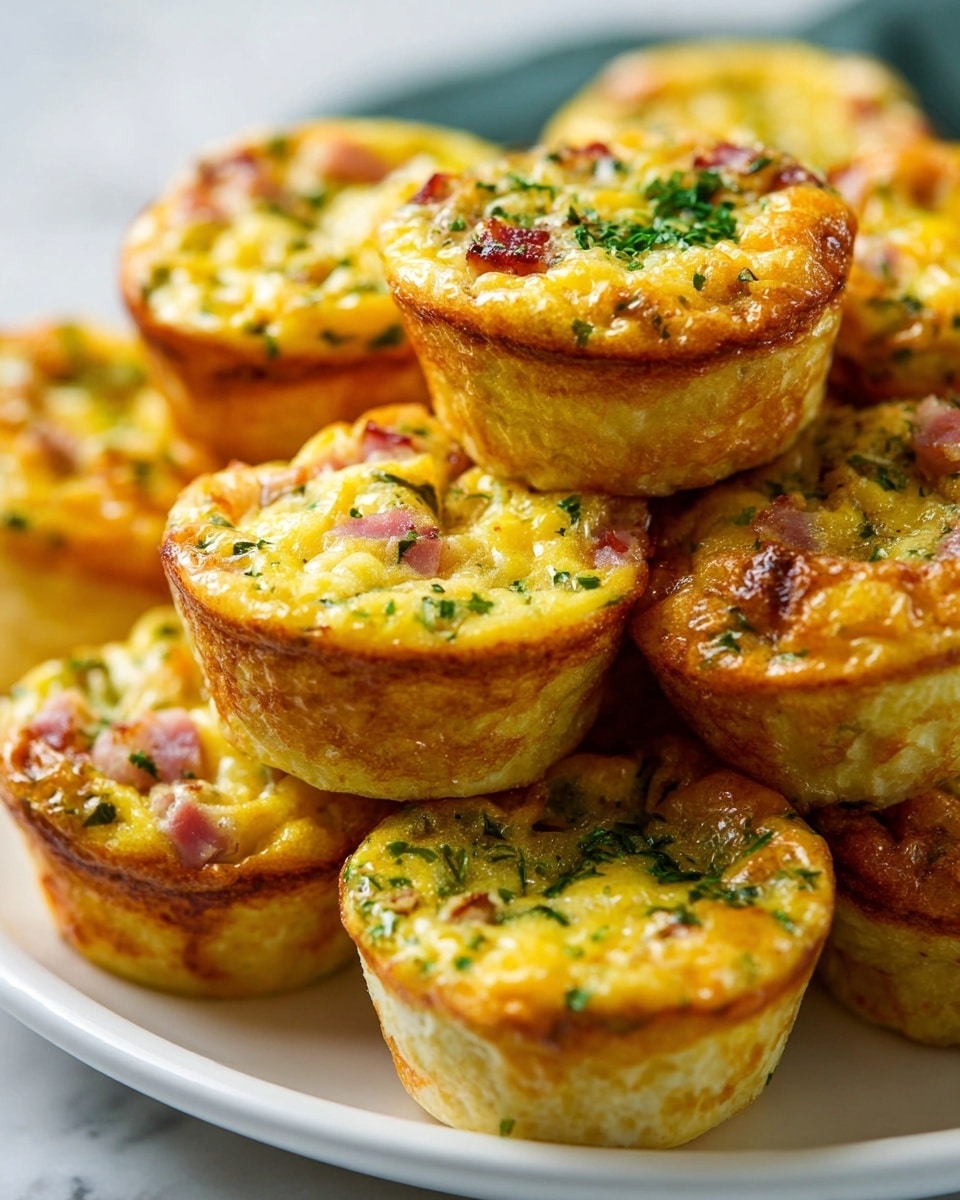 A close-up of many small egg muffins stacked on a white plate, each muffin showing a golden yellow egg layer with pieces of green herbs and bits of pinkish ham mixed inside, all held together by a light golden-brown crust forming the outer shell, with a soft white marbled texture in the blurred background. photo taken with an iphone --ar 4:5 --v 7