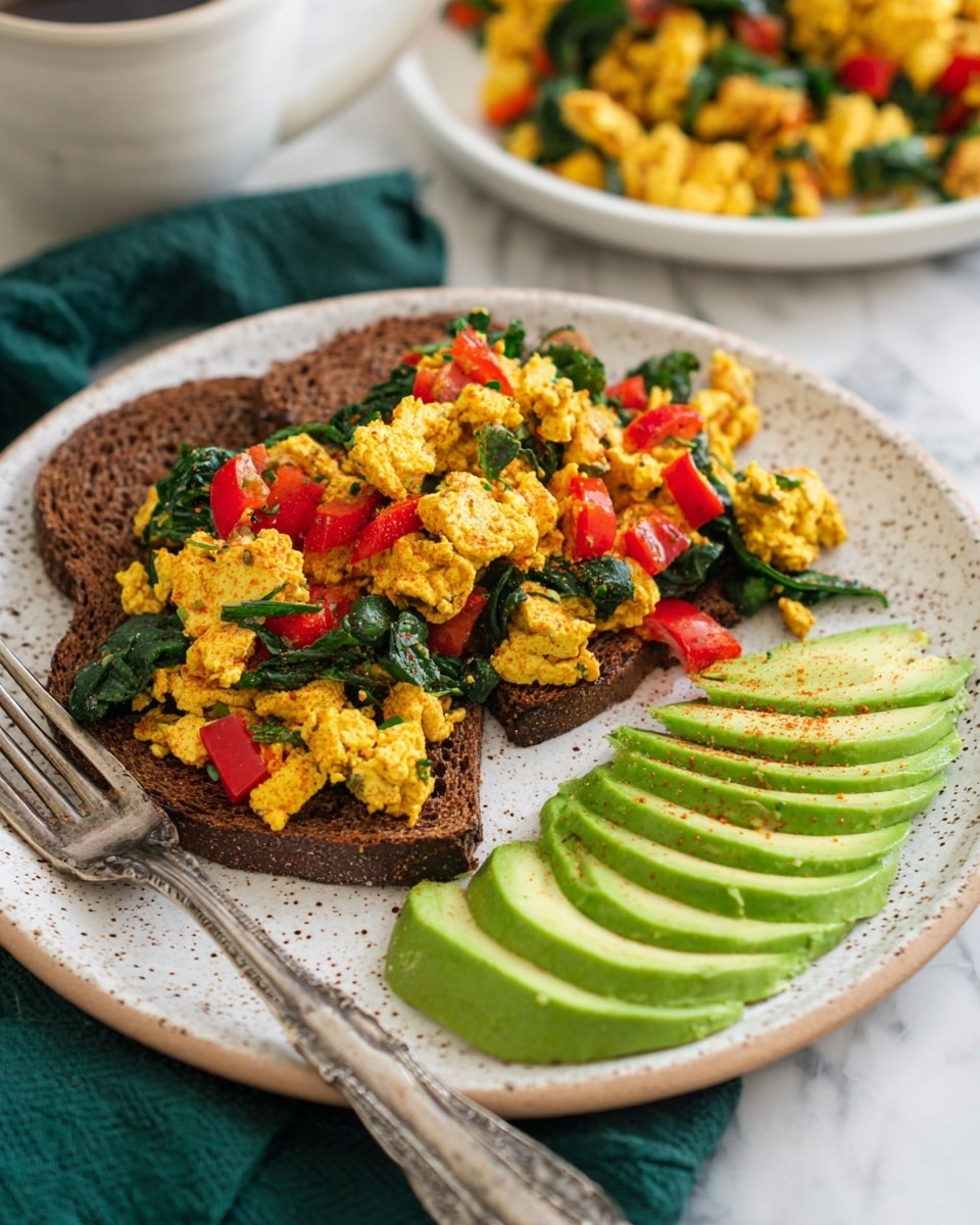A white speckled plate holds three main layers: two slices of dark brown toast with a rough texture form the bottom layer on the left side, topped by a mix of bright yellow tofu scrambled with vibrant green spinach leaves and shiny red bell pepper pieces placed mostly in the center, and on the right side, a neat row of thin, light green avocado slices showing smooth texture overlaps gently. The plate rests on a white marbled surface with a vintage silver fork beside it and a dark green cloth napkin nearby. In the background, there is a blurred white plate with more of the tofu scramble. Photo taken with an iphone --ar 4:5 --v 7