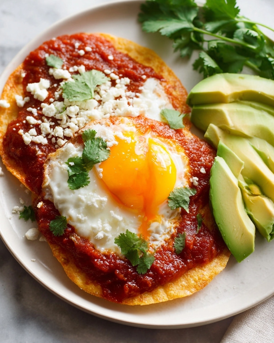The image shows two tostadas on a white plate with a white marbled texture background. Each tostada has a crispy, golden brown base layer, topped with a thick, chunky red salsa. On one tostada, there is a fried egg with a bright orange yolk that is slightly runny and spilling onto the toast, surrounded by textured white egg whites. On top of the egg, there are small green cilantro leaves and some white crumbled cheese scattered. Next to the egg, on the right side of the plate, there are three slices of light green avocado placed in a slightly curved, overlapping pattern. In the background, more cilantro leaves are visible resting on the plate. Photo taken with an iphone --ar 4:5 --v 7