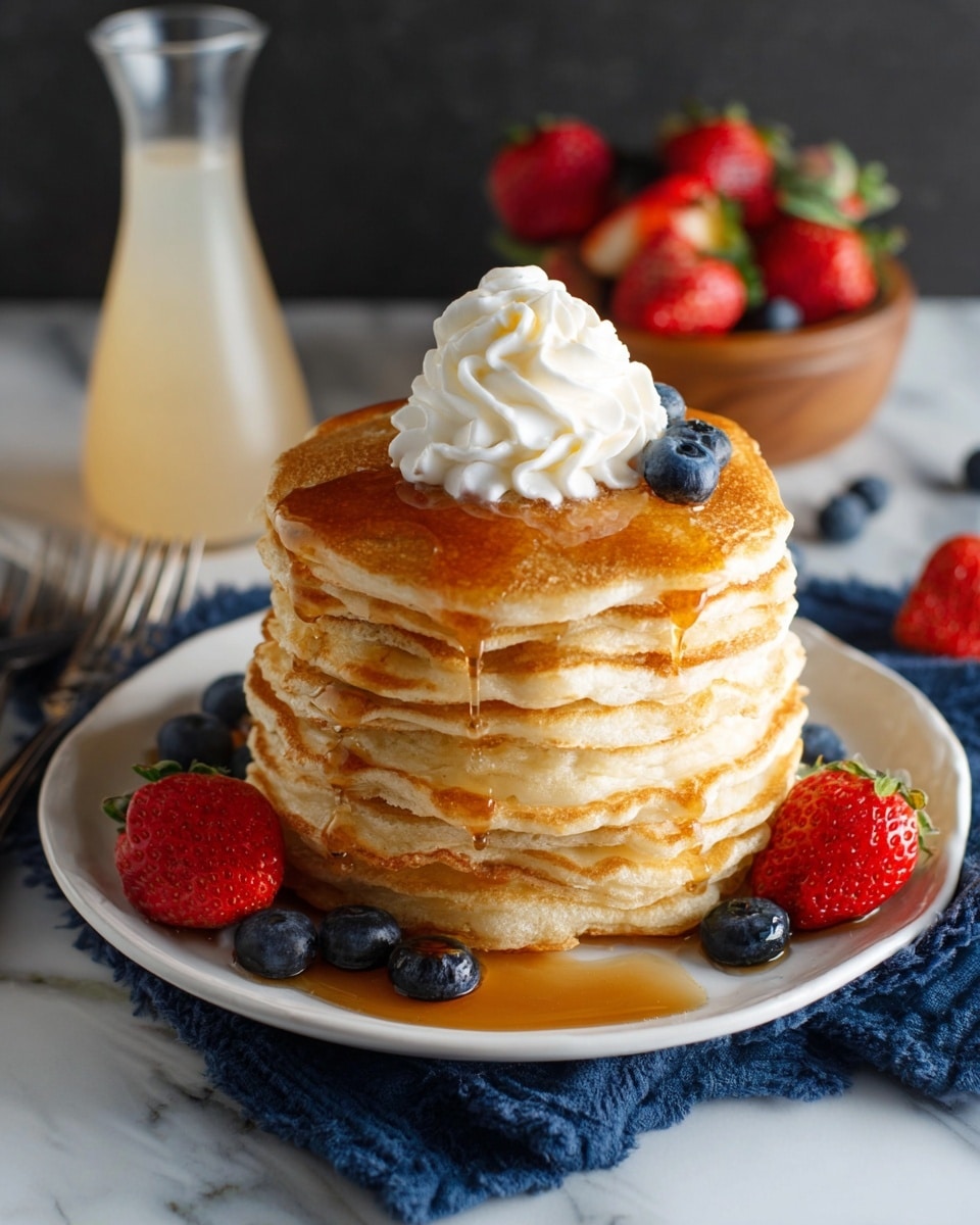 A tall stack of seven golden-brown pancakes sits on a white plate, each pancake layered one on top of the other with syrup dripping down the sides, pooling at the base. On top of the stack is a swirl of white whipped cream with a light drizzle of syrup over it. Around the plate are fresh blueberries and strawberries, with more strawberries and blueberries visible in a wooden bowl in the background. To the left of the stack is a clear glass bottle filled with light-colored syrup. The plate rests on a dark blue cloth on a white marbled surface, with a silver fork partially visible behind the plate. photo taken with an iphone --ar 4:5 --v 7