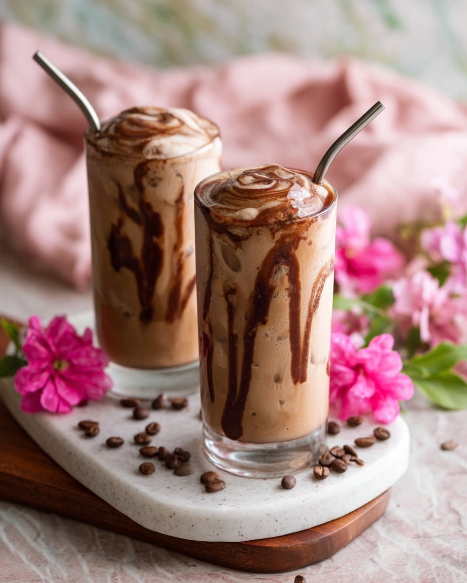Two tall clear glasses sit on a white speckled plate with a white marbled surface and wooden board underneath. Each glass holds a frothy light brown iced coffee drink with a thick texture, swirled with dark brown chocolate syrup drip patterns inside the glass forming wavy vertical lines. A metal straw leans out of each glass, angled slightly. Around the plate and drinks are scattered coffee beans and small bright pink flowers with green leaves, with a soft pink cloth in the blurred background. Photo taken with an iphone --ar 4:5 --v 7