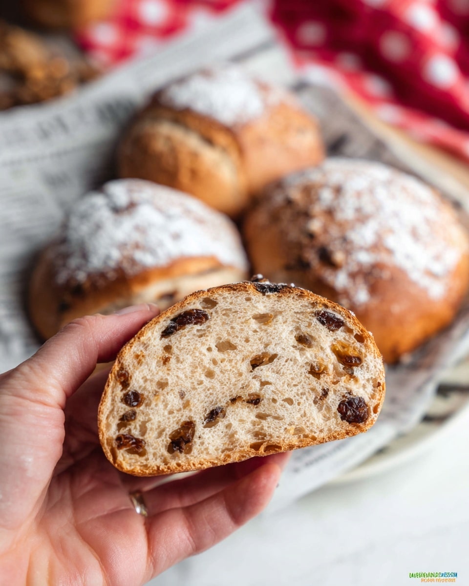 The image shows a close-up of a woman's hand holding a half piece of round bread with a golden brown crust and a soft, light beige inside dotted with dark raisins or currants. In the background, there are three other similar round breads with powdered sugar sprinkled unevenly on top, placed on a white plate lined with newspaper-like paper. The scene is set on a white marbled textured surface with a blurred red and white checkered cloth in the background. photo taken with an iphone --ar 4:5 --v 7