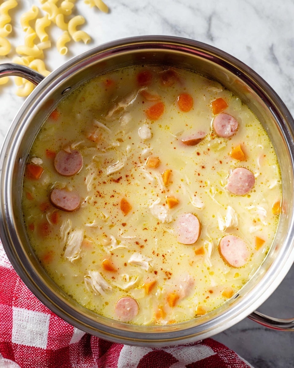 The image shows a close-up view of a steel pot filled with creamy soup containing three main layers: a pale yellow creamy broth base with a smooth and slightly thick texture, floating orange carrot pieces scattered evenly throughout, and chunks of shredded white chicken along with round slices of pink sausage mixed in. The pot is placed on a white marbled surface, with some uncooked elbow macaroni scattered around and a red and white checkered cloth partially visible under the pot. Photo taken with an iphone --ar 4:5 --v 7