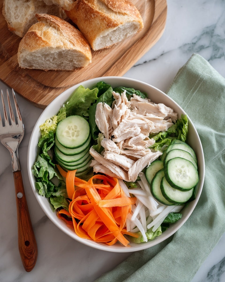 A white bowl filled with a fresh salad showing four clear layers: the bottom layer is a bed of green lettuce leaves; above it are slices of cooked chicken with a light brown texture placed in the center; on one side, round cucumber slices with a smooth green skin and pale inside are layered; on the opposite side, thin strips of bright orange carrot and white daikon are arranged neatly. The bowl sits on a white marbled surface with a light green cloth and a fork with a wooden handle nearby. Pieces of crusty bread with a golden-brown crust and airy inside lie on a wooden board close to the bowl. Photo taken with an iphone --ar 4:5 --v 7