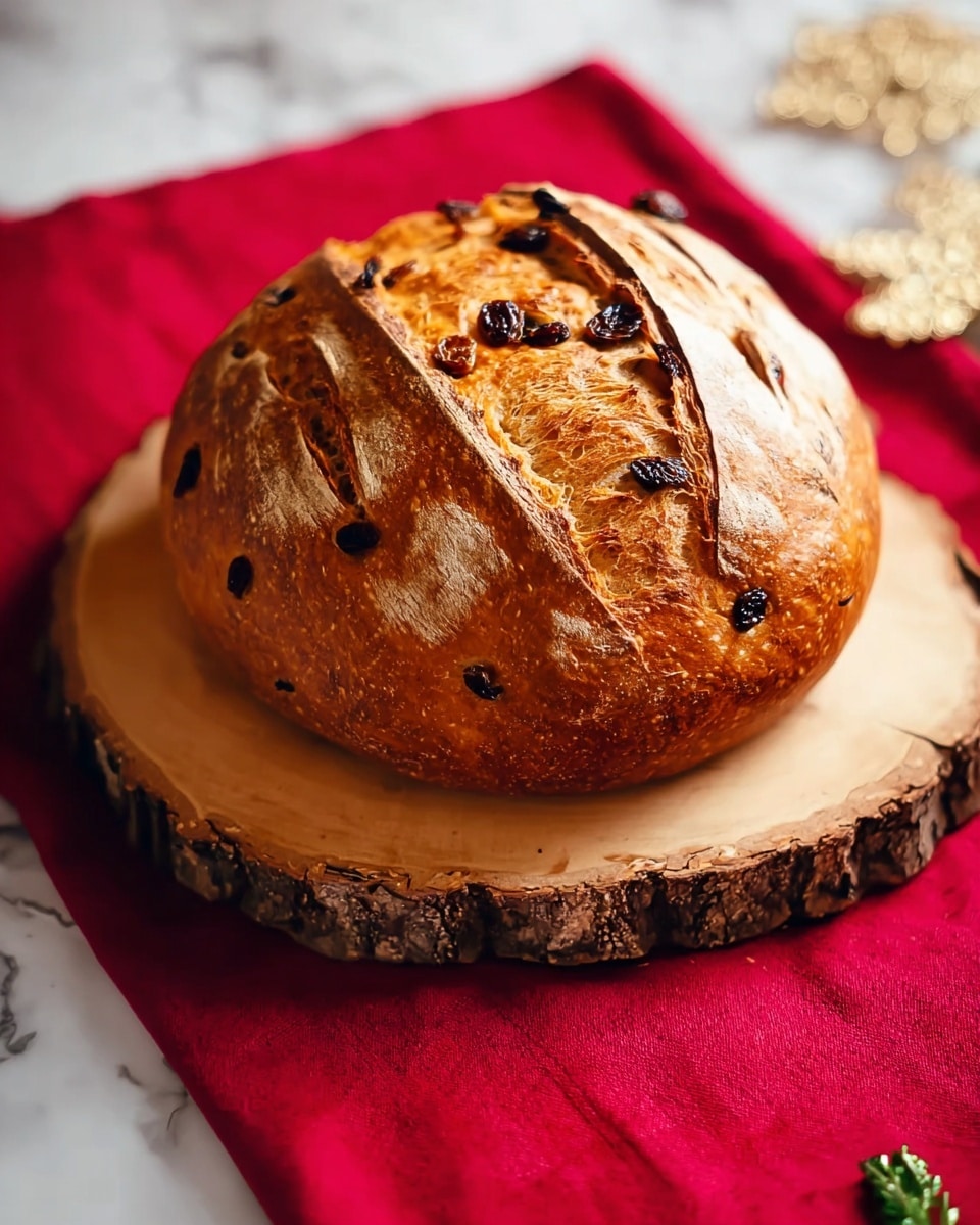 A round loaf of bread with a shiny, golden brown crust sits on a rustic wooden board, which has a rough bark edge. The bread has a textured top with darker brown slashes and scattered dark raisins embedded in the dough, giving it a homemade look. The wooden board is placed on a bright red cloth, and the whole setting rests on a white marbled surface. photo taken with an iphone --ar 4:5 --v 7