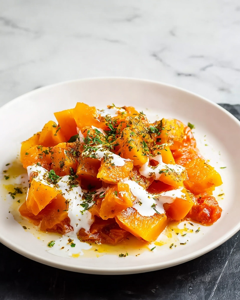 A white plate holds a dish made of bright orange and yellow cooked pumpkin or squash chunks arranged on top of a slightly saucy orange base that looks like cooked tomato or pepper. The pieces are uneven, with a soft texture. White creamy sauce is drizzled over the pumpkin pieces, and the dish is sprinkled with finely chopped green herbs. The plate sits on a surface with a white marbled texture. Photo taken with an iphone --ar 4:5 --v 7