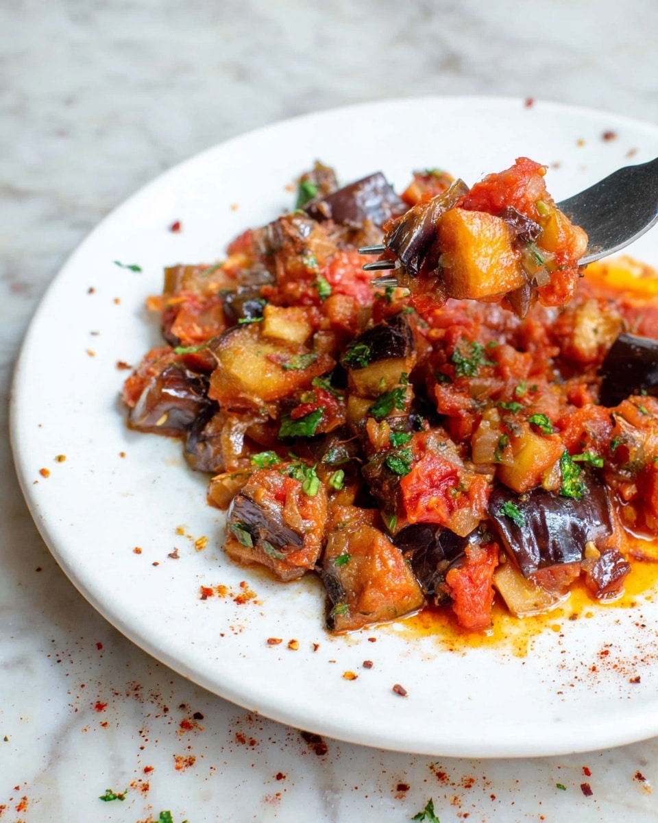 The image shows a close-up of a white plate with a cooked vegetable dish made of chunky pieces of eggplant, diced tomatoes, and small bits of onion, mixed in a rich, oily, reddish-orange sauce. The vegetables are soft, with some charred edges, and sprinkled with small pieces of green herbs. A white plate is placed on a white marbled surface with small scattered red spices. A fork holds some vegetable pieces above the plate at the right side of the image. photo taken with an iphone --ar 4:5 --v 7