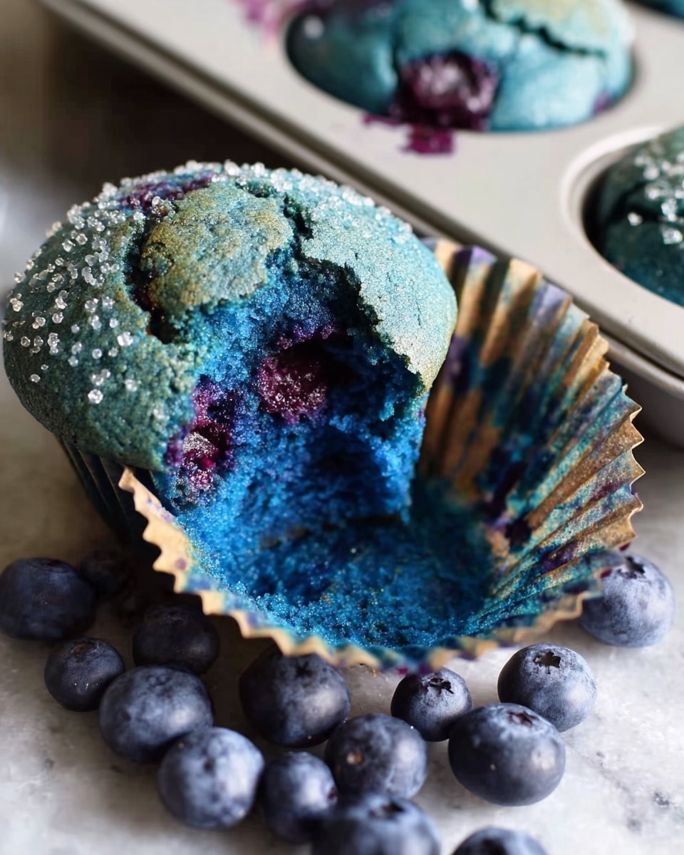 This image shows a close-up of five blueberry muffins with a rough, slightly bumpy texture and a dark color with hints of blue from the berries inside. They sit in a beige muffin tray with white paper liners, some muffins fully inside the cups and others slightly tilted with their rounded tops visible. Scattered around the tray and inside some of the empty cups are fresh, plump blueberries with a dusty blue shade. In one cup, there is a halved lemon with a bright yellow color and visible juicy segments. The whole scene is set on a white marbled texture. photo taken with an iphone --ar 4:5 --v 7