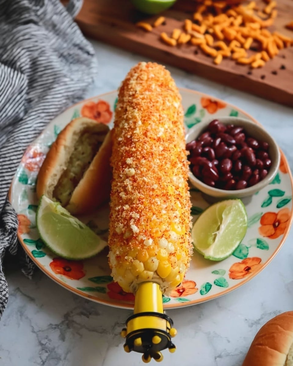 A cooked ear of corn with yellow kernels is covered in an orange crumb coating and held upright by yellow and black corn holders on both ends, placed on a white plate decorated with orange flowers and green leaves around the edge. Next to the corn, there is a small bowl filled with dark red beans and two lime wedges beside it. On the plate's side, part of a hot dog with a bun is visible. In the background, a wooden surface has orange crunchy snacks scattered on it, with a gray striped cloth nearby, all set on a white marbled texture. Photo taken with an iphone --ar 4:5 --v 7