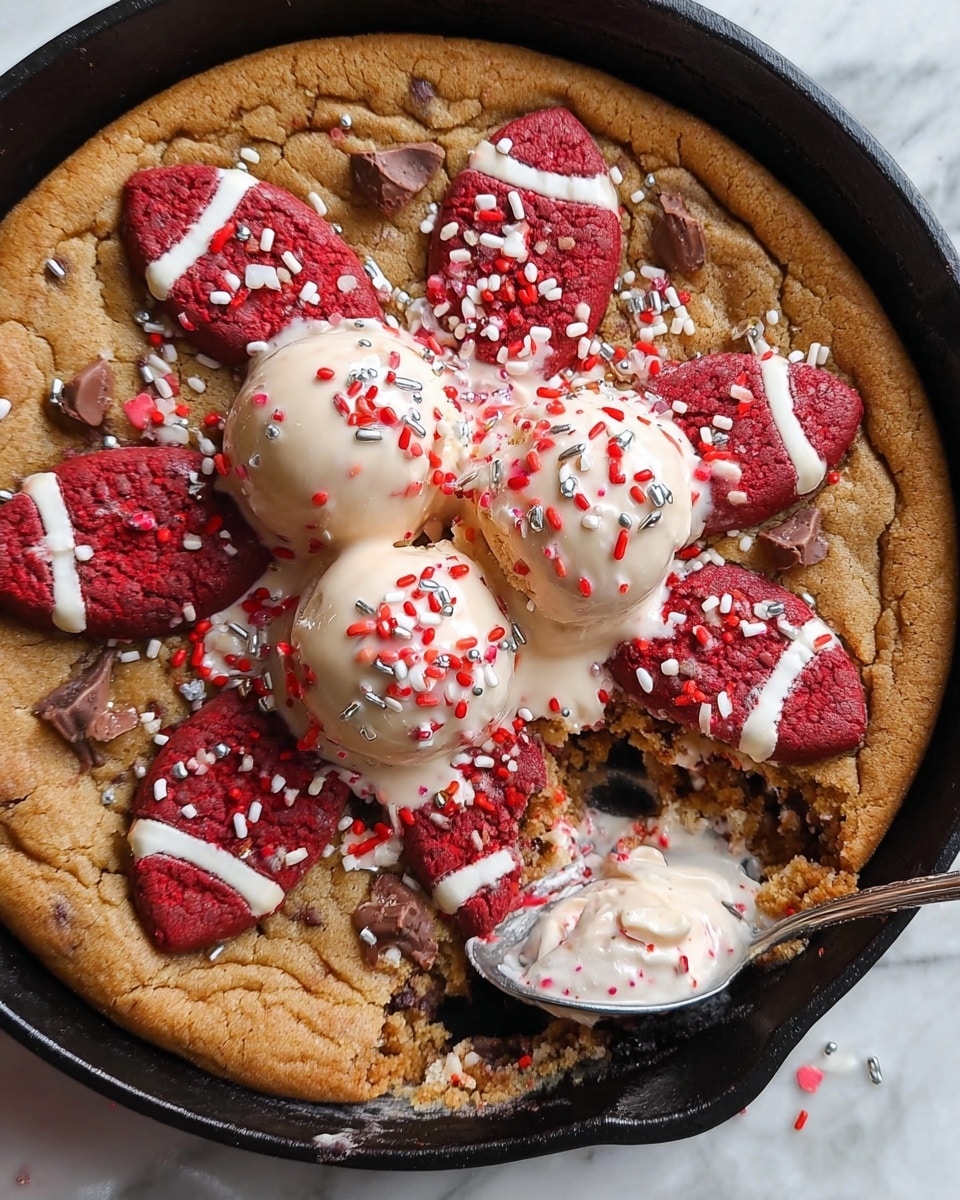 A large round cookie with a golden brown base baked in a black cast iron skillet, topped with 17 evenly spaced football-shaped pieces that are maroon and cream in color with detailed laces, embedded on the surface. The cookie looks soft with slightly raised edges and a textured surface. In the background, there is a cup with white cream next to a beaded necklace and a white cloth with red text, all set on a white marbled texture. Photo taken with an iphone --ar 4:5 --v 7