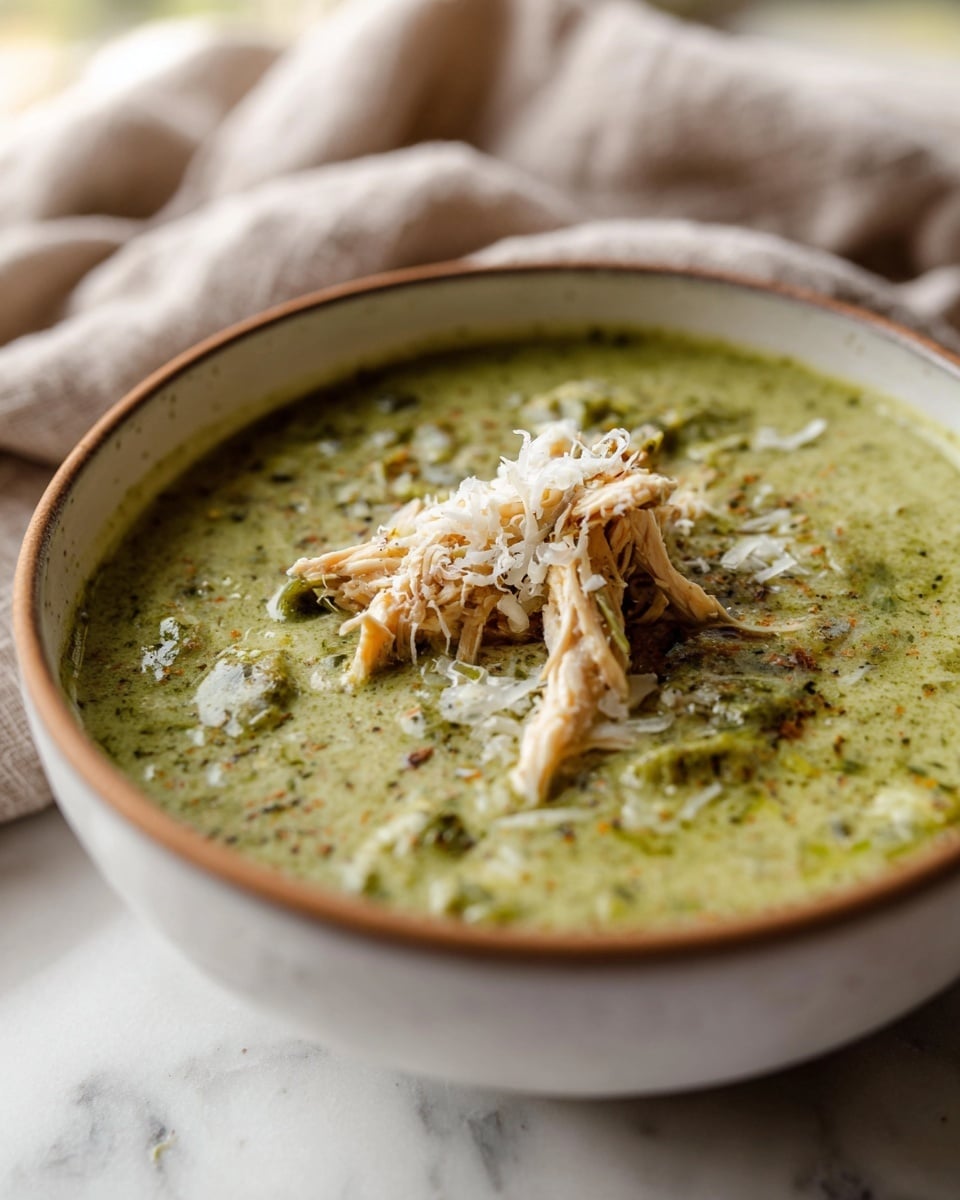A close-up view of a white bowl with a brown rim filled with creamy green soup that has a chunky texture with visible pieces of vegetables and herbs. On top of the soup, there is a small pile of light brown shredded chicken layered with a sprinkle of finely grated white cheese. The bowl is placed on a white marbled surface with a soft, beige cloth blurred in the background, giving a cozy and inviting look. photo taken with an iphone --ar 4:5 --v 7