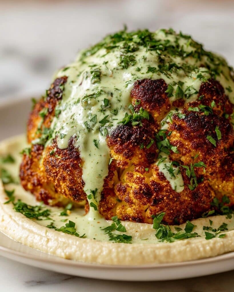 Whole Roasted Cauliflower with Creamy Scallion Date Dressing Recipe