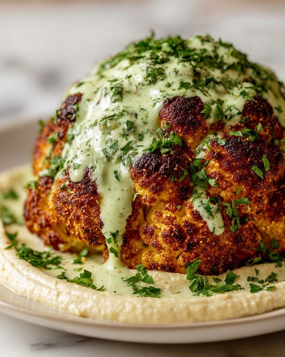 A whole roasted cauliflower sits in the center of a white plate, showing a deep golden brown and slightly charred texture on the top and sides. The cauliflower is covered with a thick layer of pale green sauce that drips down unevenly, sprinkled with chopped fresh green herbs. Around the base of the cauliflower is a smooth, creamy off-white puree spread in a circular pattern, with a few scattered herb leaves on it. The plate rests on a white marbled surface. photo taken with an iphone --ar 4:5 --v 7
