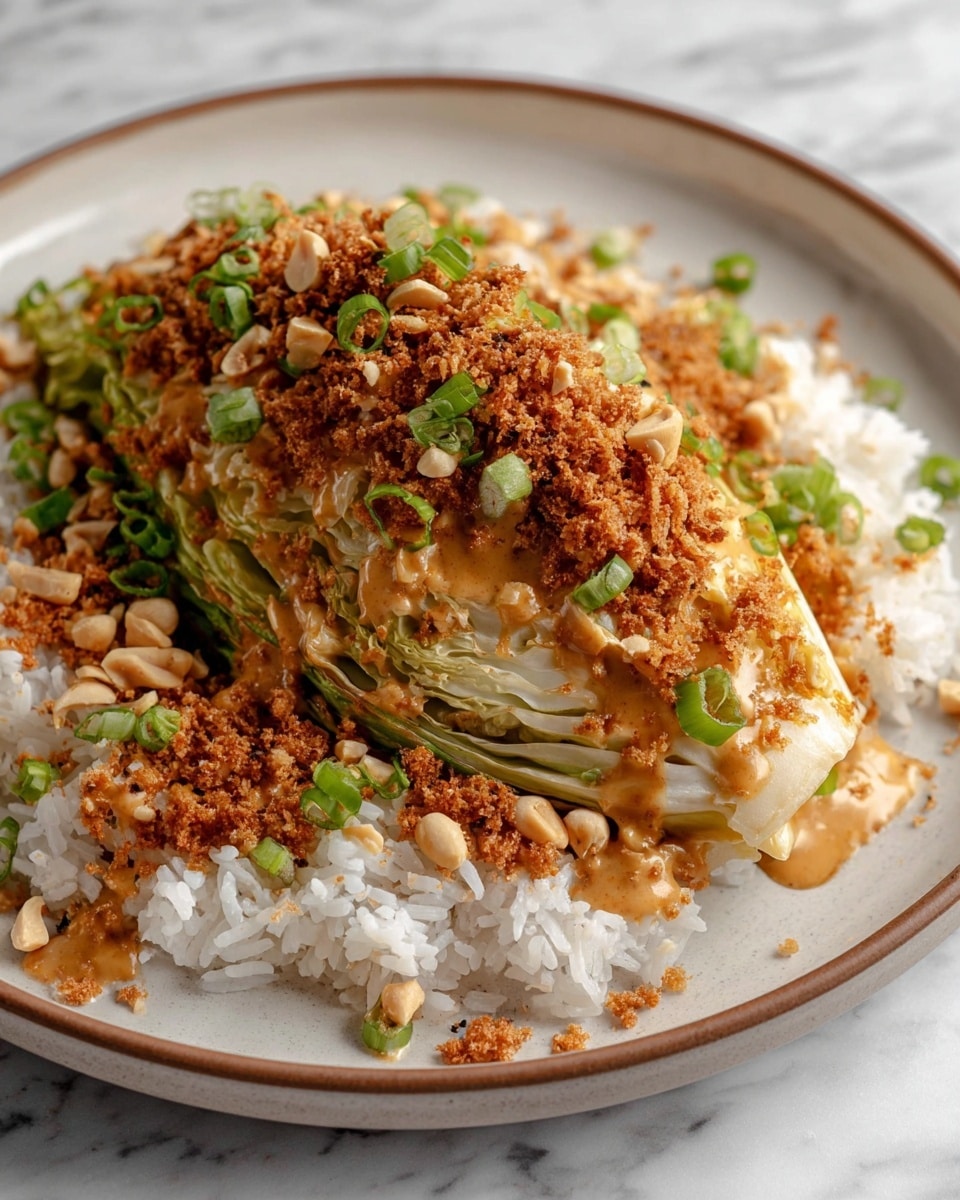 The dish is presented on a white plate with a brown rim, placed on a white marbled surface. It has three main layers: the base consists of soft, fluffy white rice spread evenly across the plate. On top of the rice is a wedge of cooked cabbage with a slightly charred look, covered in a creamy, light brown sauce. The topping layer is made up of finely crumbled, crispy brown bits, sprinkled with chopped green onions and halved peanuts scattered around for extra texture and color contrast. The overall look is warm with a mix of white, green, and rich brown tones. photo taken with an iphone --ar 4:5 --v 7