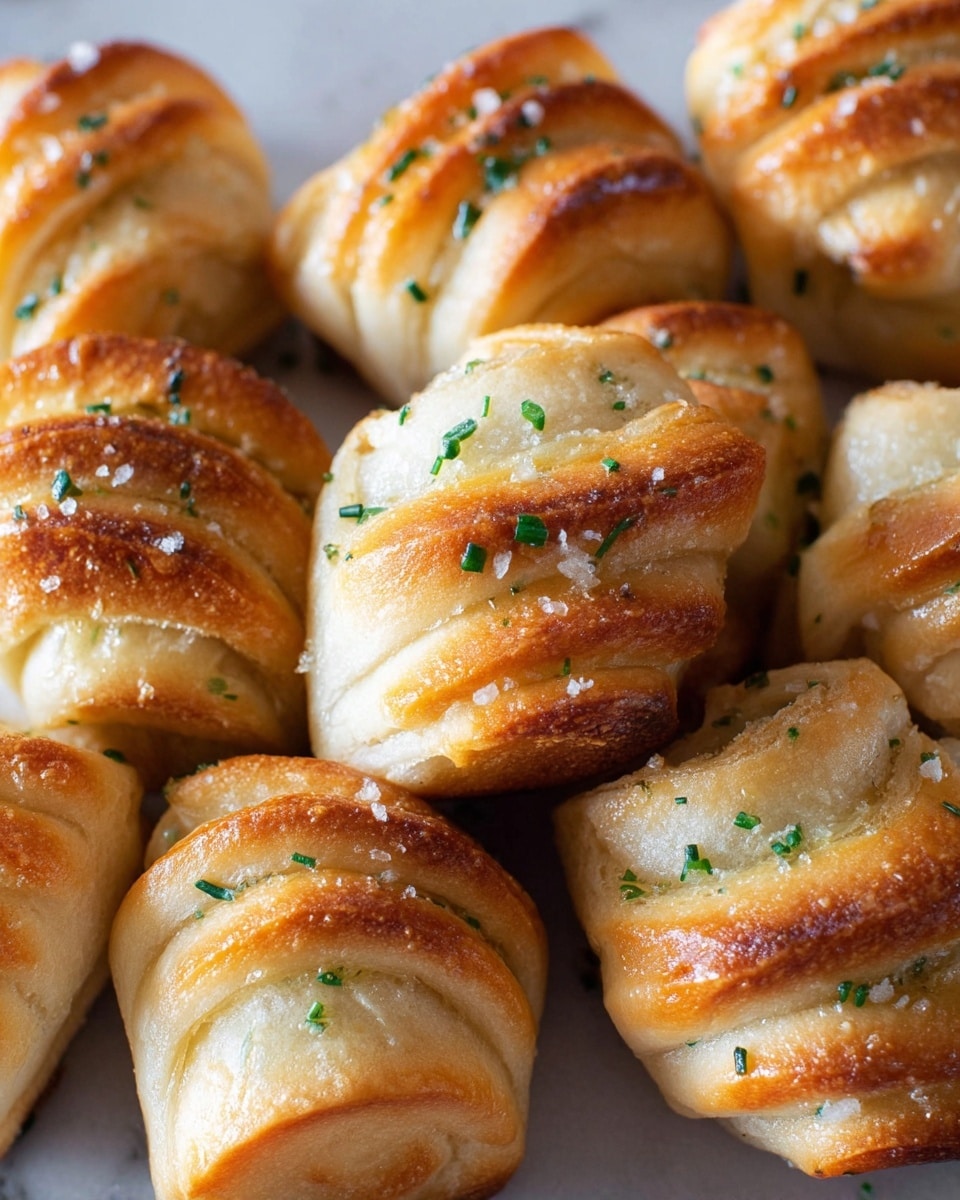 The image shows a close-up of multiple small, golden-brown baked rolls with a soft, layered texture. Each roll has three to four visible layers folded over one another, with the top layer slightly crispy and golden, while the inner layers remain softer and lighter in color. The rolls are sprinkled with small green pieces of chives and coarse sea salt that add color contrast and texture. They are placed closely together on a white marbled surface, creating a warm and inviting look. photo taken with an iphone --ar 4:5 --v 7