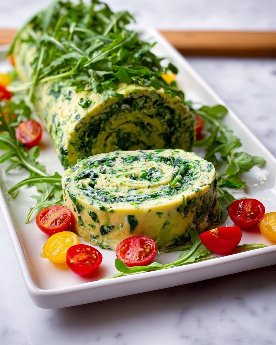 The image shows a spiral-shaped spinach roll on a white rectangular plate. The roll has two visible layers: a light yellow outer layer speckled with green spinach bits, and a creamy inner layer also filled with chopped spinach. The plate is decorated with fresh green arugula leaves scattered around the roll and small red and yellow cherry tomato halves placed evenly along the edges. The white marbled surface underneath the plate adds a clean and bright background to the presentation. photo taken with an iphone --ar 4:5 --v 7