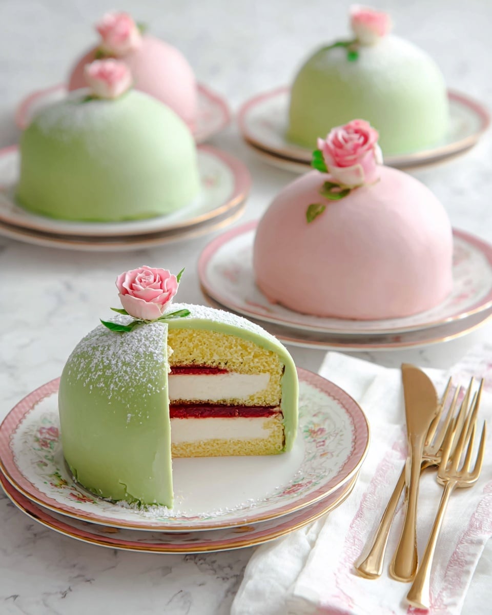 The image shows a round cake covered with smooth light green fondant, topped with a small pink rose decoration and fresh powdered sugar sprinkled on top. One slice is cut and placed on a small white plate in front, revealing four layers inside: a bottom thin red jelly layer, a yellow sponge cake layer above it, a thick white creamy layer above that, and a top sponge cake layer. The cake sits on a white plate with a pink and gold rim, next to a gold fork and white napkin with pink edges on a white marbled surface. In the background, there are three more dome-shaped cakes, two covered in the same light green fondant and one covered with pink fondant, each on a similar white plate with pink and gold rims and a small pink rose on top, with gold forks beside them. photo taken with an iphone --ar 4:5 --v 7