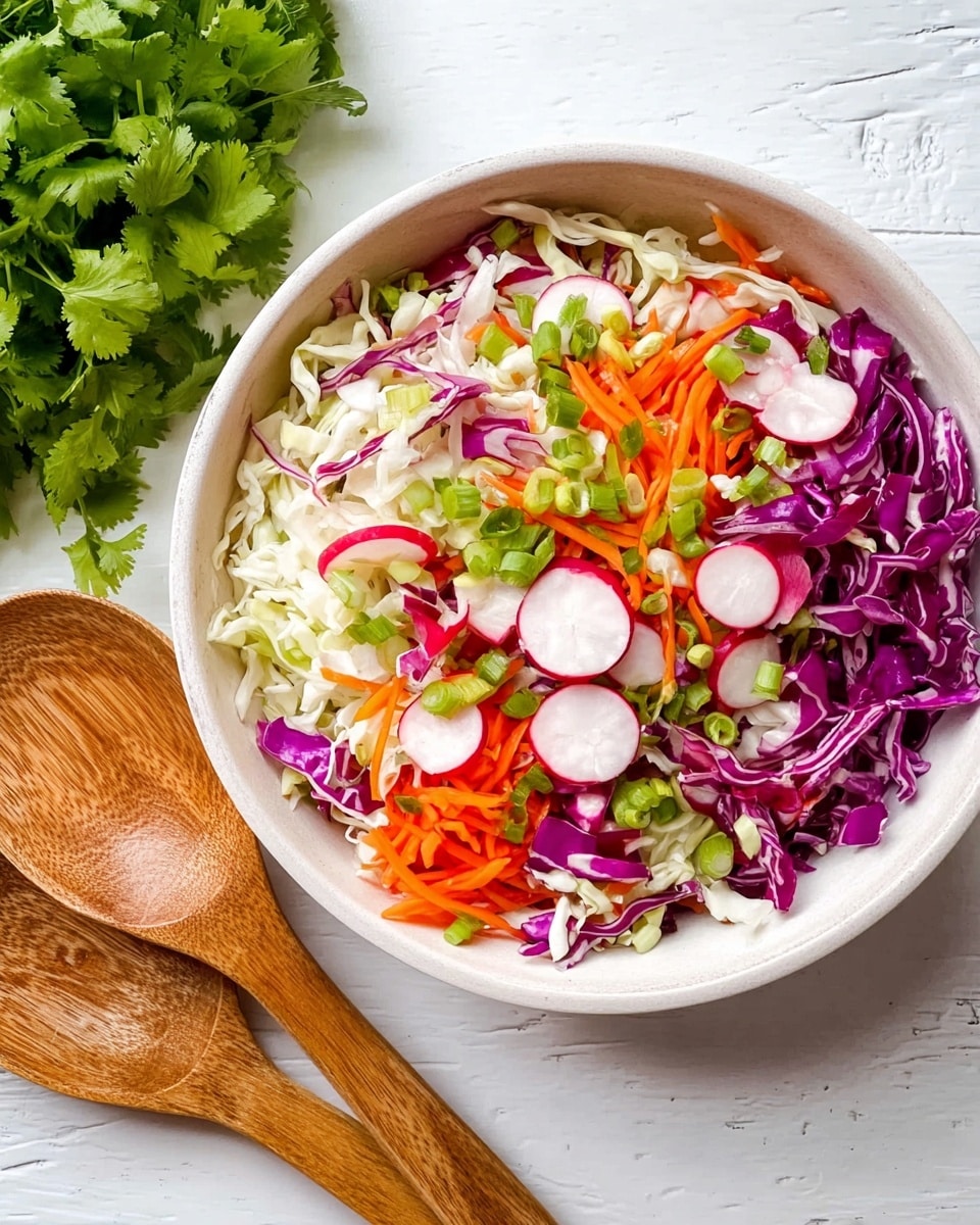 A bowl of fresh salad with about five layers of mixed vegetables: a base of white shredded cabbage, scattered slices of bright purple cabbage, thin orange carrot strips, small round red radish slices with white centers, and chopped green onions and cilantro leaves sprinkled on top. The bowl is white and thick with a smooth texture, placed on a white marbled surface. To the right, a bunch of fresh green cilantro leaves are visible, and on the lower corner, two round light brown wooden salad spoons rest side by side. The colors in the salad are vivid and fresh, creating a bright and healthy look. Photo taken with an iphone --ar 4:5 --v 7