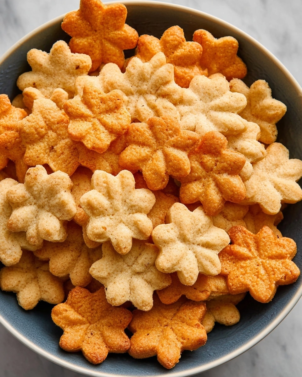The image shows a white bowl full of small flower-shaped crackers with two main layers of color and texture. The first layer of crackers is pale beige with a slightly rough surface and soft edges, looking crispy but light. The second layer consists of crackers that are golden brown with a more toasted, crisp texture and some ridged patterns on top. The crackers are closely packed, showing their flower shapes with petal details, some stacked and some slightly tilted, all placed on a white marbled surface. photo taken with an iphone --ar 4:5 --v 7