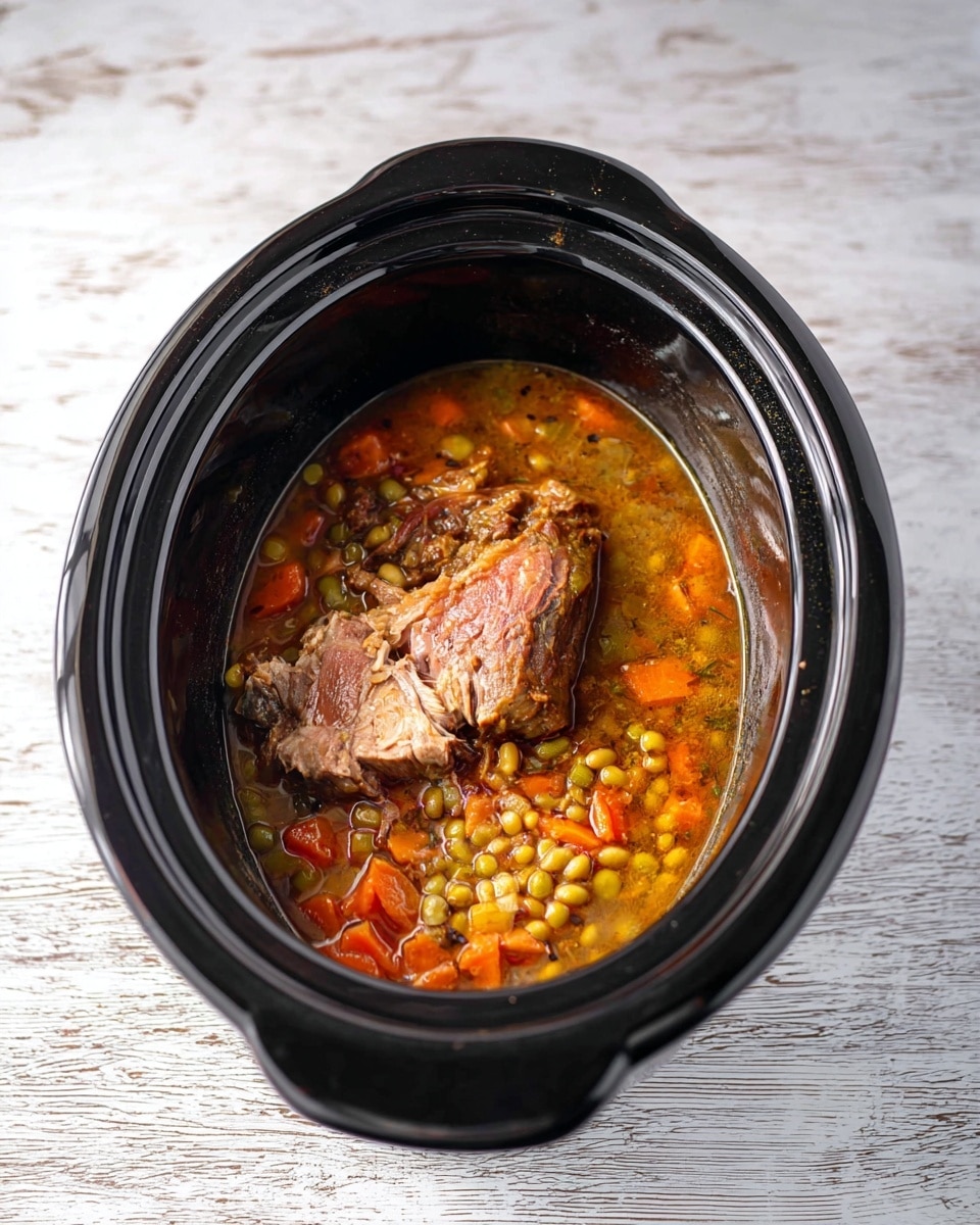 A black slow cooker filled with a layered stew showing a base of light brown broth mixed with small pieces of orange carrot, green bell pepper, and white onion, along with yellow beans scattered throughout. On top of the stew is a large chunk of cooked meat with a tender, slightly pink inside and browned outside, resting slightly off-center. The slow cooker sits on a white marbled textured surface. photo taken with an iphone --ar 4:5 --v 7