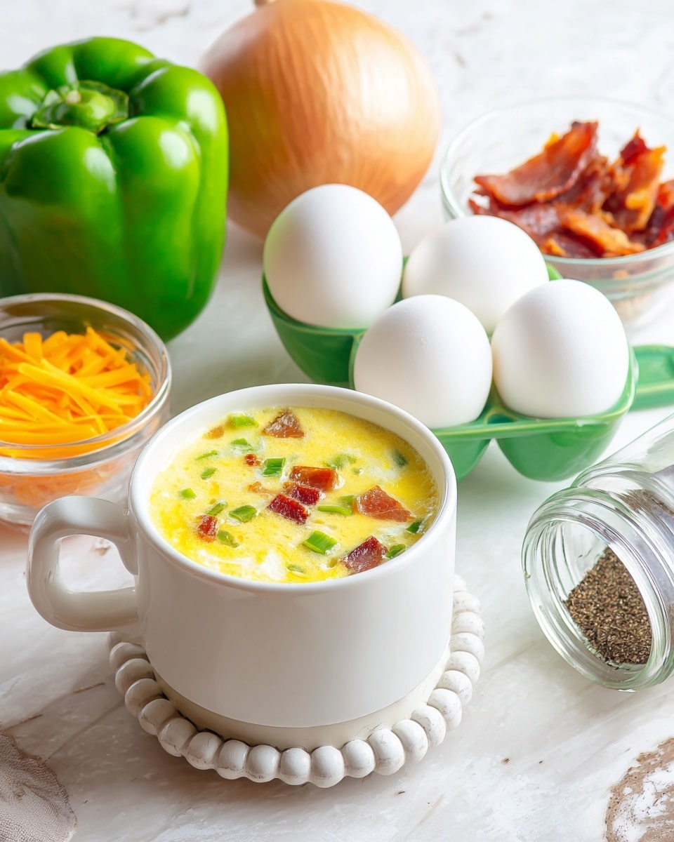 A white cup filled with a mix of yellow beaten eggs, green bell pepper pieces, and small bits of cooked bacon floating on top, placed on a small white coaster with round bead edges. Around the cup, there are fresh ingredients including a green bell pepper, a whole onion, five white eggs in a green egg holder, a small glass bowl filled with cooked bacon pieces, a small glass bowl with shredded orange cheese, and a tilted glass jar of ground black pepper, all set on a white marbled textured surface. Photo taken with an iphone --ar 4:5 --v 7
