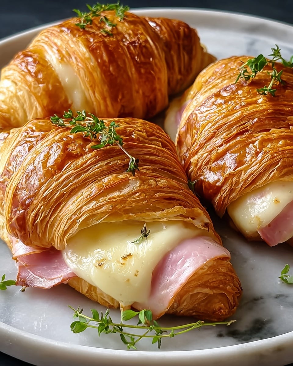 The image shows three croissants with a golden brown, crispy outer layer made of many thin, flaky layers, each slightly shiny. Inside each croissant, visible at the open ends, are soft pink slices of ham covered by smooth, melted white cheese that spills out gently. Small green herb sprigs are placed on top and around the croissants, resting on a round white plate sitting on a white marbled surface. photo taken with an iphone --ar 4:5 --v 7